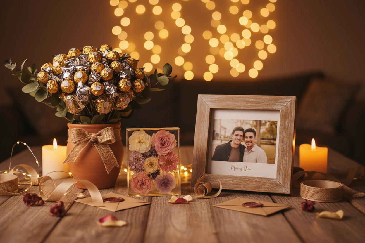 A warm emotional scene of a handmade customized gift setup on a wooden table, soft fairy lights in background, resin preserved flowers, personalized photo frame, chocolate bouquet, aesthetic cozy lighting, bokeh background, handmade gifting vibes, ultra realistic photography, 4K resolution, no text, plain background, website hero banner style
