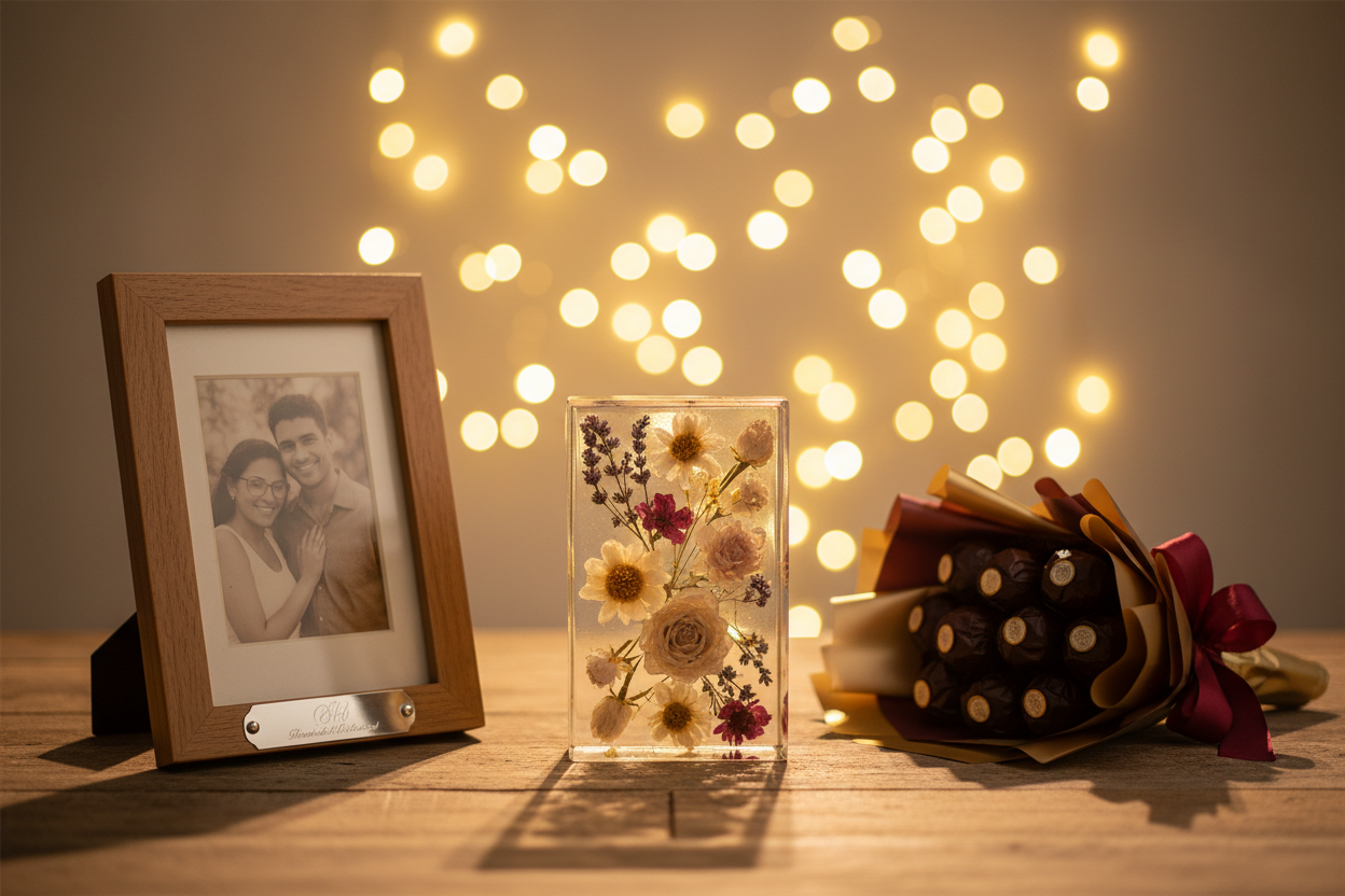 A warm emotional vertical hero image for a handmade customized gifting brand, cozy wooden table setup with resin preserved flowers, a personalized photo frame, and a chocolate bouquet arranged beautifully, soft golden fairy lights in the background, dreamy bokeh effect, cinematic cozy lighting, premium handcrafted feel, ultra realistic photography, 4K resolution, shallow depth of field, clean composition, no text, no watermark, plain soft blurred background, mobile website hero banner style, vertical 9:16 a
